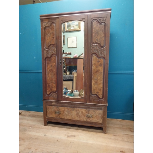 986 - Edwardian walnut wardrobe with mirrored door above one long drawer {200 cm H x 114 cm W x 45 cm D}.