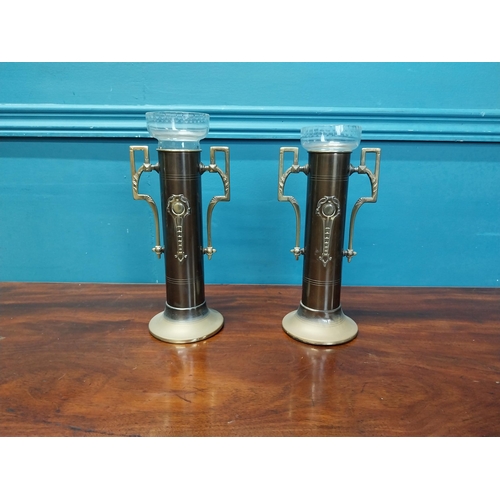 989 - Pair of Art Nouveau brass and glass vases {25 cm H x 12 cm Dia.}.