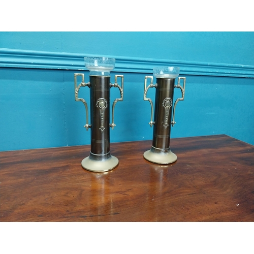 989 - Pair of Art Nouveau brass and glass vases {25 cm H x 12 cm Dia.}.