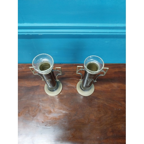 989 - Pair of Art Nouveau brass and glass vases {25 cm H x 12 cm Dia.}.