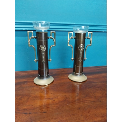 989 - Pair of Art Nouveau brass and glass vases {25 cm H x 12 cm Dia.}.