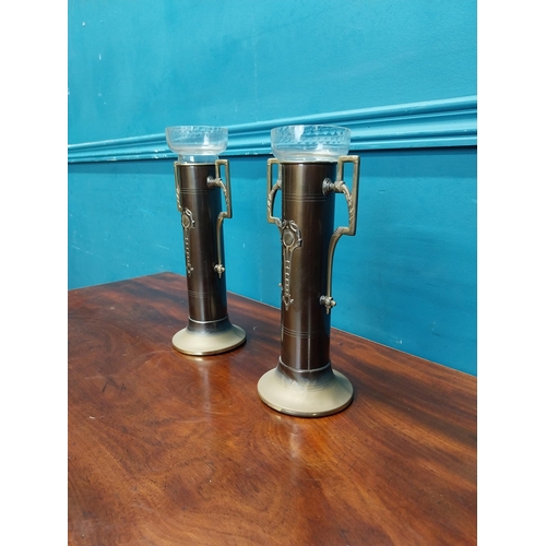 989 - Pair of Art Nouveau brass and glass vases {25 cm H x 12 cm Dia.}.