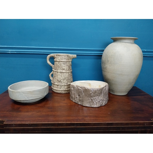 992 - Two stoneware Hillstonia water jugs and two bowls {34 cm H, 23 cm H, 9 cm H and 7 cm H}.