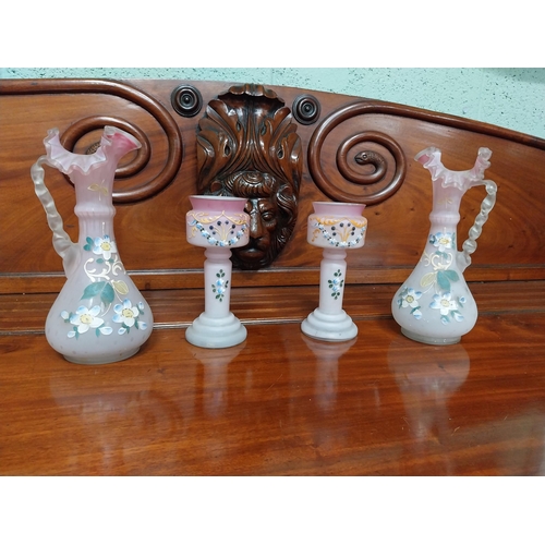 994 - Two 19th C. decorative pink glass jugs and two vases. {25 cm H x 18 cm H}.