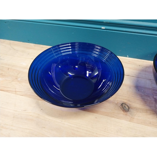 996 - Two decorative blue glass bowls. {10 cm H x 25 cm Dia.}.