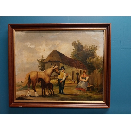 997 - 19th C. Farm yard scene oil on board mounted in later mahogany frame {58 cm H x 70 cm W}.