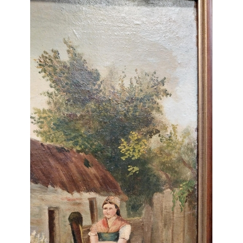 997 - 19th C. Farm yard scene oil on board mounted in later mahogany frame {58 cm H x 70 cm W}.