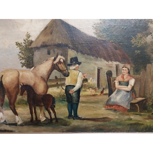 997 - 19th C. Farm yard scene oil on board mounted in later mahogany frame {58 cm H x 70 cm W}.