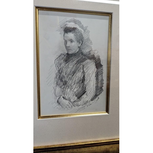 69 - John B Yeats Lily Yeats pencil sketch mounted in frame {picture measurements 27 cm H x 17 cm W }.