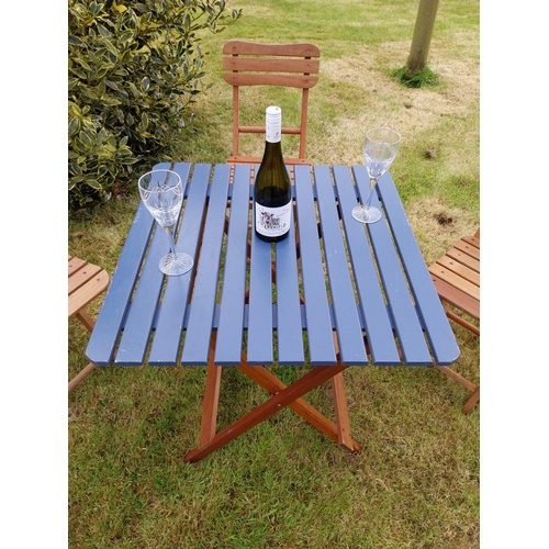 10 - Good quality teak folding garden table with three matching garden chairs {Tbl. 71 cm H x 68 cm W x 6... 