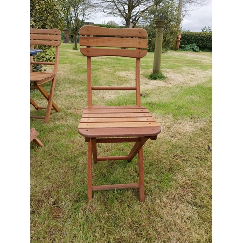 10 - Good quality teak folding garden table with three matching garden chairs {Tbl. 71 cm H x 68 cm W x 6... 