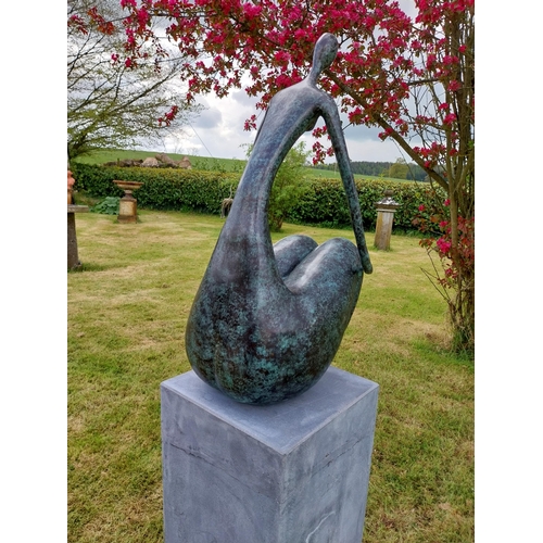 100 - Exceptional quality contemporary bronze sculpture 'The Crouching Lady' raised on slate plinth {Overa... 