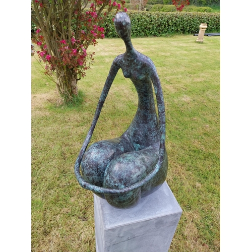 100 - Exceptional quality contemporary bronze sculpture 'The Crouching Lady' raised on slate plinth {Overa... 