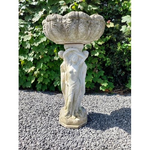 1004 - 1950s painted composition bird bath held aloft by three Grecian ladies {84 cm H x 46 cm Dia.}.