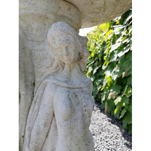 1004 - 1950s painted composition bird bath held aloft by three Grecian ladies {84 cm H x 46 cm Dia.}.