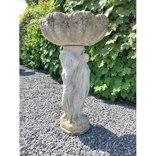 1004 - 1950s painted composition bird bath held aloft by three Grecian ladies {84 cm H x 46 cm Dia.}.