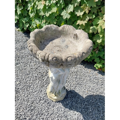 1004 - 1950s painted composition bird bath held aloft by three Grecian ladies {84 cm H x 46 cm Dia.}.