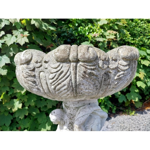 1004 - 1950s painted composition bird bath held aloft by three Grecian ladies {84 cm H x 46 cm Dia.}.