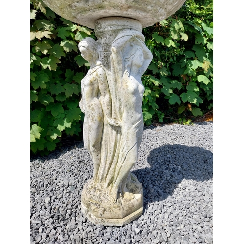 1004 - 1950s painted composition bird bath held aloft by three Grecian ladies {84 cm H x 46 cm Dia.}.