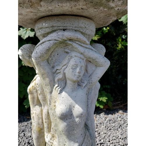 1004 - 1950s painted composition bird bath held aloft by three Grecian ladies {84 cm H x 46 cm Dia.}.