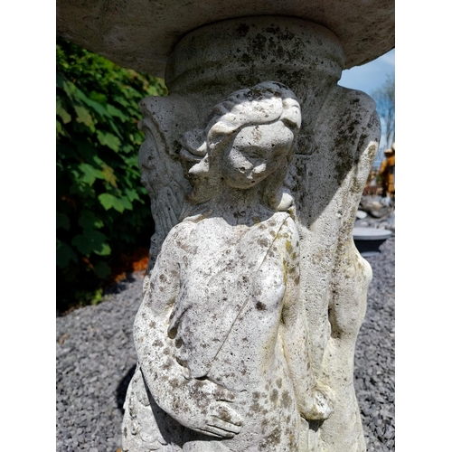 1004 - 1950s painted composition bird bath held aloft by three Grecian ladies {84 cm H x 46 cm Dia.}.