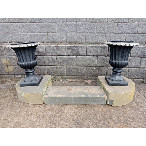 1014 - Victorian sandstone door set comprising of central step and two semi - circle kneeler plinths {H 23c... 