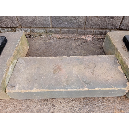 1014 - Victorian sandstone door set comprising of central step and two semi - circle kneeler plinths {H 23c... 