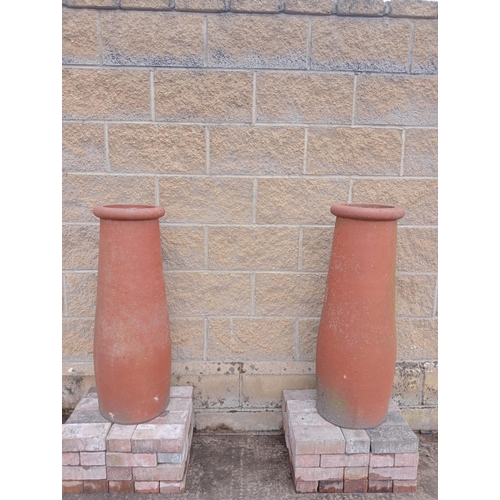 1017 - Pair of terracotta rolltop chimney pots {H 88cm x Dia 30cm }.