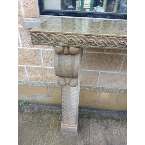 115 - Sandstone chimney piece with scroll and corbel design{H 120cm x W 140cm x D 45cm }.