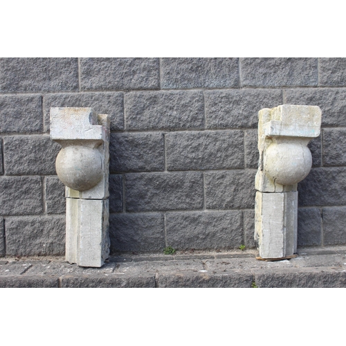 119 - Pair of 19th C. blue stone balcony corbels decorated with a ball {H 79cm x W 36cm x D 25cm }.