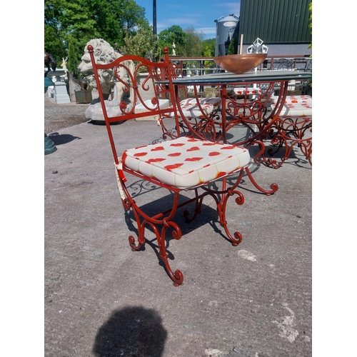 128 - Good quality wrought iron garden table with glass top and detachable d-ends and six matching chairs ... 