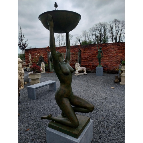 14 - Exceptional quality bronze water feature or bird bath depicting an Art Deco lady raised on slate pli... 