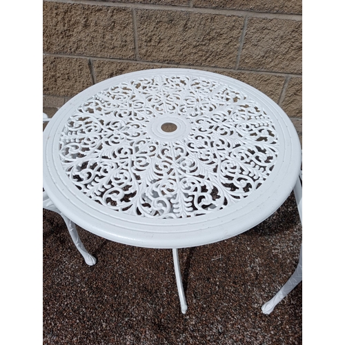 143 - Aluminium garden table and two armchairs {Table H 60cm x Dia 70cm Chairs H 90cm x W 54cm x D 44cm }.