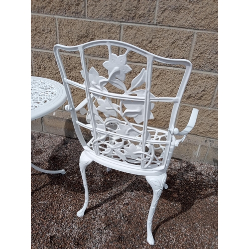 143 - Aluminium garden table and two armchairs {Table H 60cm x Dia 70cm Chairs H 90cm x W 54cm x D 44cm }.