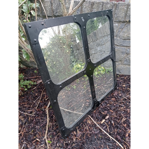 149 - Heavy metal window with four mirrored panels {H 77cm  x W 77cm X D 3cm }. (NOT AVAILABLE TO VIEW IN ... 