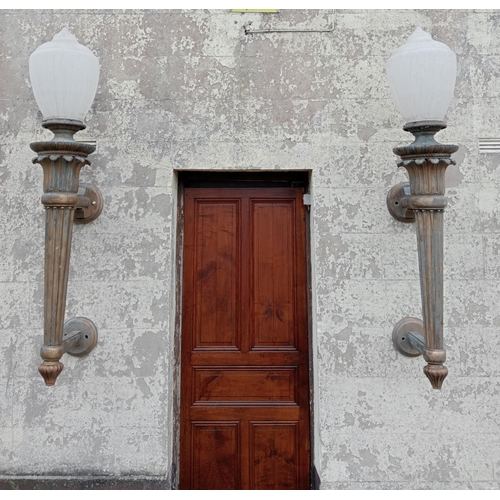 187 - Large pair of bronze wall sconces with white shades {H 160cm x W 40cm x D 50cm}.