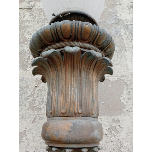 187 - Large pair of bronze wall sconces with white shades {H 160cm x W 40cm x D 50cm}.