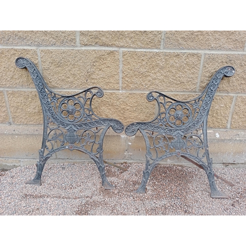 190 - Pair of cast iron bench ends with decorated with lions heads {H 73cm x D 60cm }. (NOT AVAILABLE TO V... 