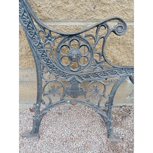 190 - Pair of cast iron bench ends with decorated with lions heads {H 73cm x D 60cm }. (NOT AVAILABLE TO V... 