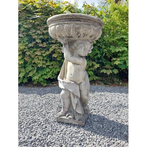 194 - Moulded stone bird bath held of loft by Cherub {91 cm H x 49 cm Dia.}.