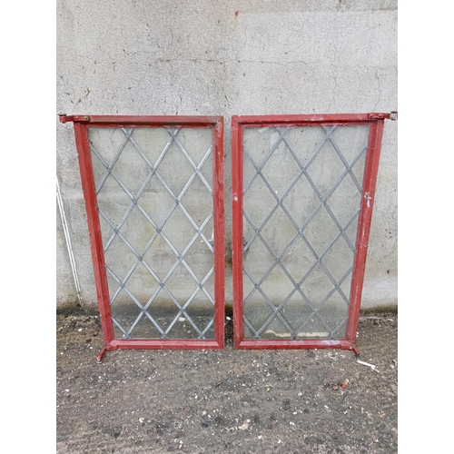 196 - Pair of cast iron leaded glass windows {Each 123cm x W 100cm}.