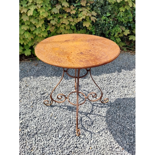 205 - Wrought iron caf� - garden circular table with two matching chairs {Tbl. 75 cm H x 70 cm Dia. Chairs... 