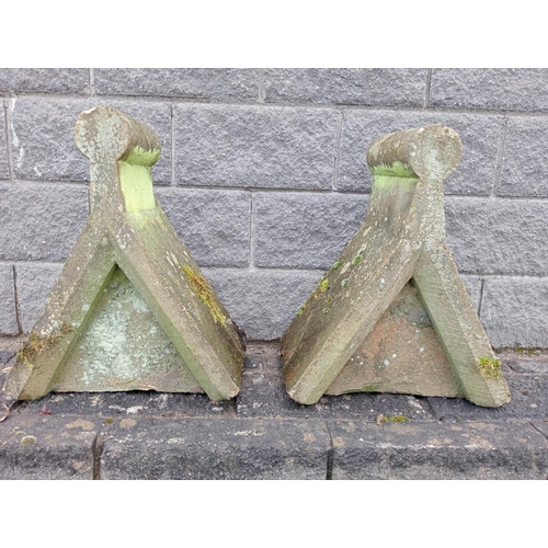 213 - Pair of sandstone rolltop pillar caps-tops {H 61cm x W 50cm x D 30cm }. (NOT AVAILABLE TO VIEW IN PE... 