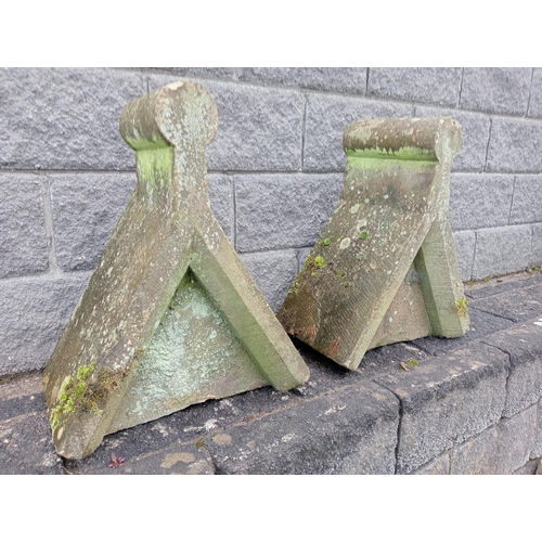 213 - Pair of sandstone rolltop pillar caps-tops {H 61cm x W 50cm x D 30cm }. (NOT AVAILABLE TO VIEW IN PE... 