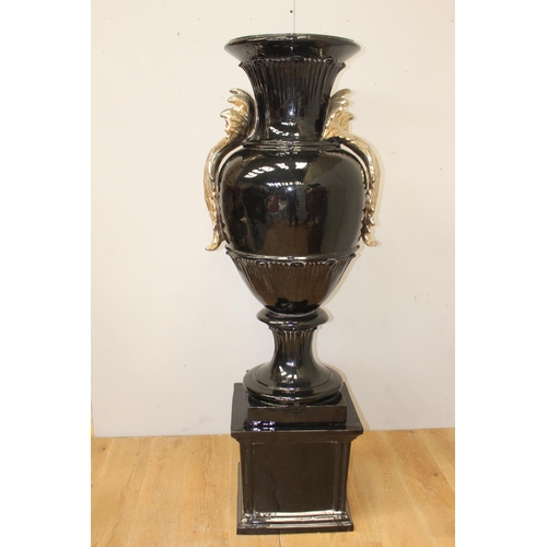 215 - Ornate gold and black Italian hand painted urn raised on base decorated with Acanthus leaves{H 180cm... 