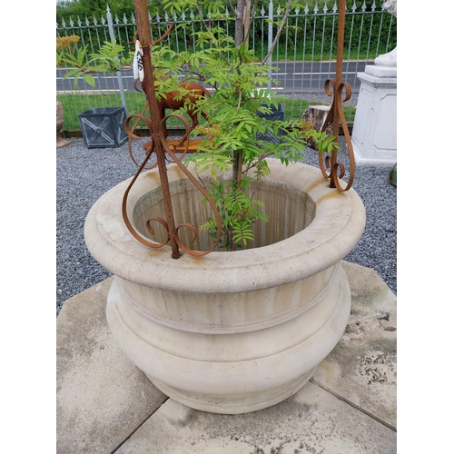 216 - Good quality moulded sandstone well head with platform base and wrought iron arch {224 cm H x 180 cm... 