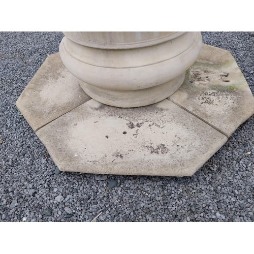 216 - Good quality moulded sandstone well head with platform base and wrought iron arch {224 cm H x 180 cm... 