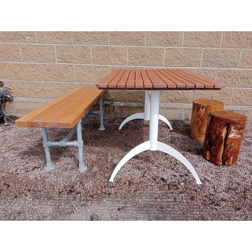 230 - Cast iron table with bench and two low midi wood stools rounded edge top {Table H 72cm x W 120cm x D... 