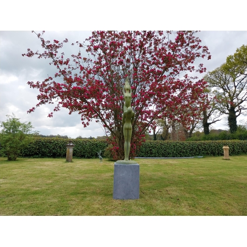 235 - Exceptional quality contemporary bronze sculpture 'The Acrobats' raised on slate plinth {Overall dim... 