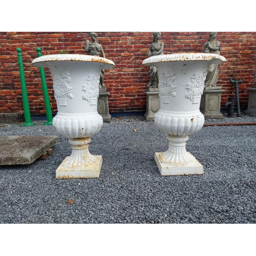 238 - Pair of large good quality decorative cast iron garden urns {113 cm H x 76 cm Dia.}.